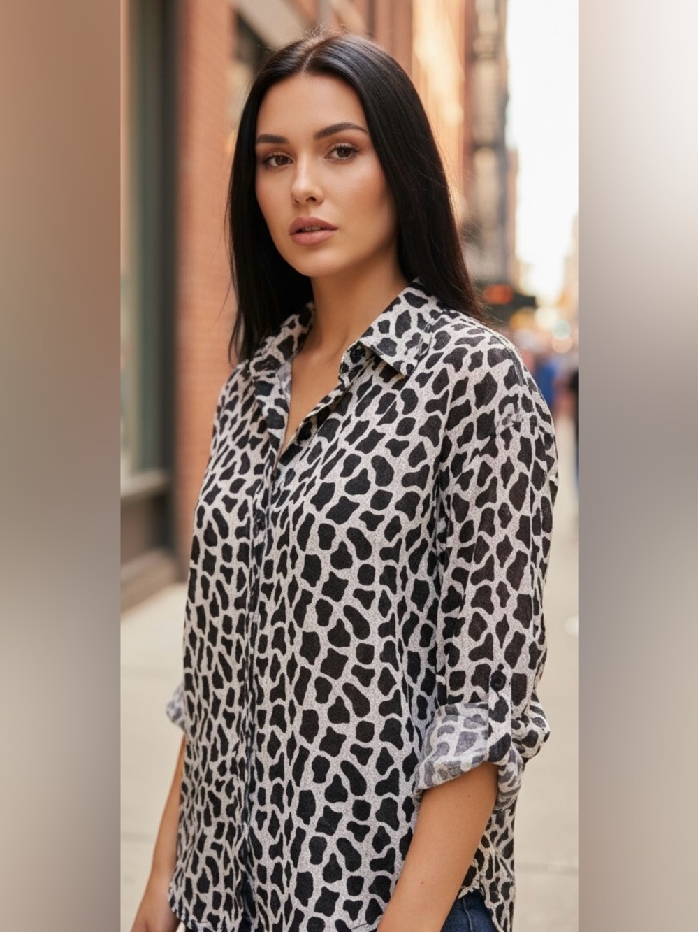 Samuel Dong Black and White Animal Print Blouse
